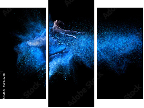Young beautiful dancer jumping into blue powder cloud  - Obraz trzyczęściowy, Tryptyk