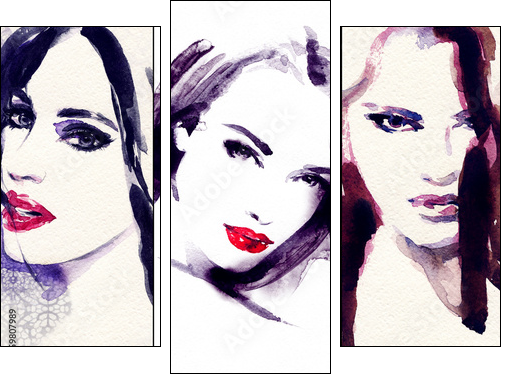 Beautiful woman. watercolor illustration  - Obraz trzyczęściowy, Tryptyk
