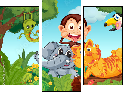 Five animals at the forest  - Obraz trzyczęściowy, Tryptyk