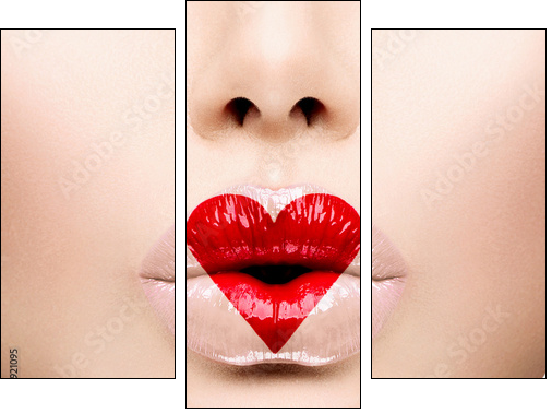 Beauty Sexy Lips with Heart Shape paint. Valentines Day  - Obraz trzyczęściowy, Tryptyk