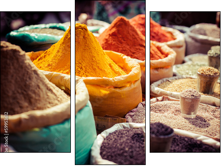 Indian colored spices at local market.  - Obraz trzyczęściowy, Tryptyk