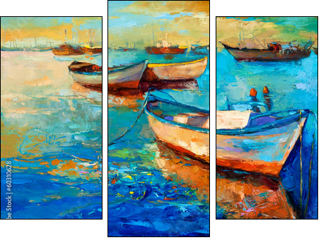 Boats on sunset  - Obraz trzyczęściowy, Tryptyk