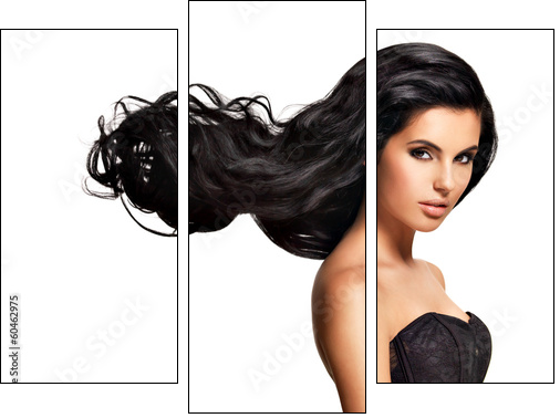 Beautiful brunette woman with long black  hair  - Obraz trzyczęściowy, Tryptyk