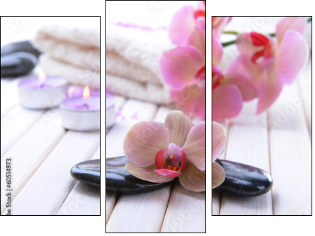 Still life with beautiful blooming orchid flower, towel and spa  - Obraz trzyczęściowy, Tryptyk