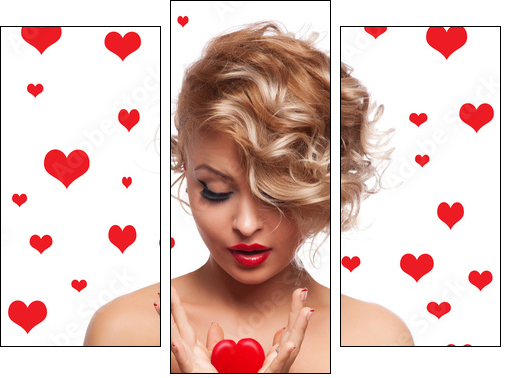 Beautiful woman with glamour bright makeup and red hear  - Obraz trzyczęściowy, Tryptyk