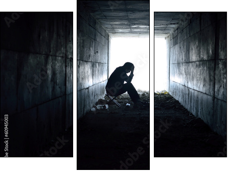 depressed man sitting in the tunnel  - Obraz trzyczęściowy, Tryptyk
