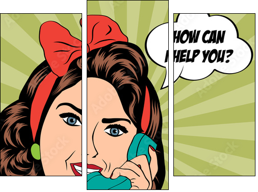 woman chatting on the phone, pop art illustration  - Obraz trzyczęściowy, Tryptyk