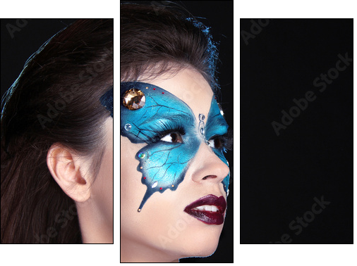 Face art portrait. Fashion Make up. Butterfly makeup on face bea  - Obraz trzyczęściowy, Tryptyk