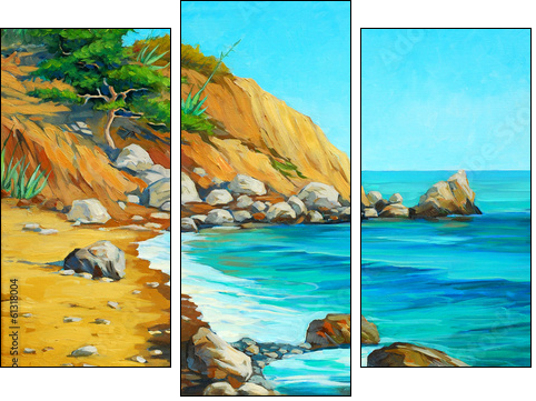 landscape of mediterranean sea with a beach and  bay, painting b  - Obraz trzyczęściowy, Tryptyk