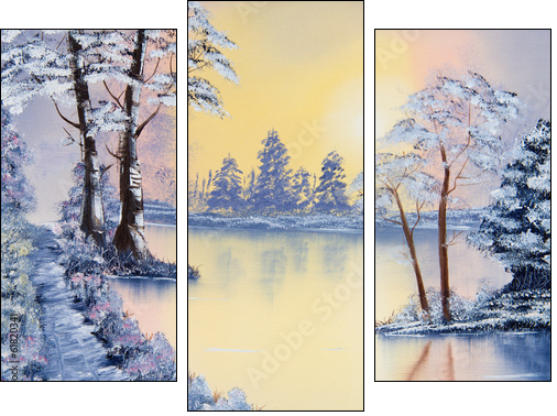Painting of a pond in Winter  - Obraz trzyczęściowy, Tryptyk