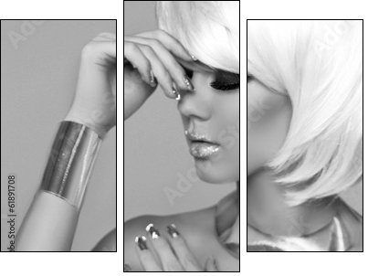 Fashion Blond Girl. Beauty Portrait Woman. Makeup. White Short H  - Obraz trzyczęściowy, Tryptyk