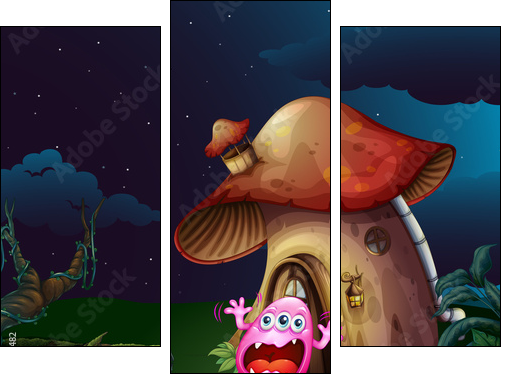 A scared monster near the mushroom house  - Obraz trzyczęściowy, Tryptyk