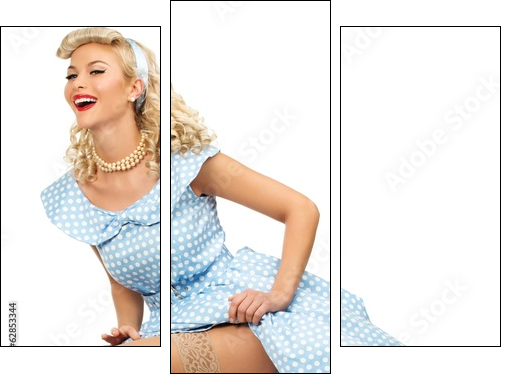 Sexy blond pin up style young woman in blue dress  - Obraz trzyczęściowy, Tryptyk