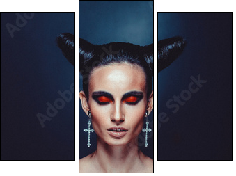 Beautiful woman in carnival costume. witch shape with Horns.  - Obraz trzyczęściowy, Tryptyk