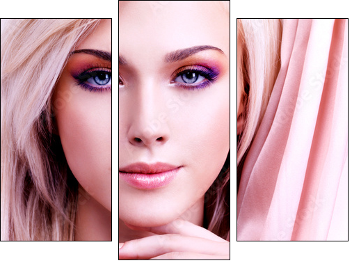 Beautiful sensual woman with pink silk.  - Obraz trzyczęściowy, Tryptyk