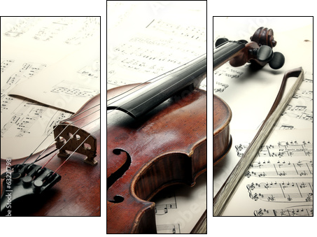 Old scratched violin with sheet music. Vintage style.  - Obraz trzyczęściowy, Tryptyk