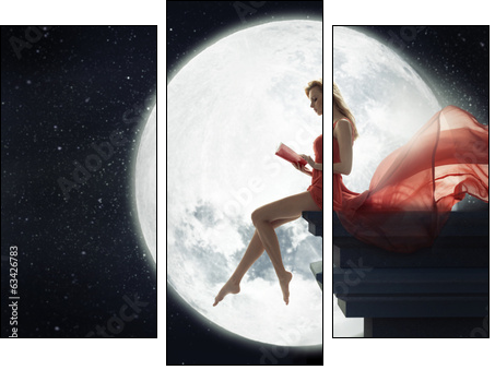 Cute woman over full moon background  - Obraz trzyczęściowy, Tryptyk