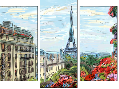 Street in paris - illustration  - Obraz trzyczęściowy, Tryptyk