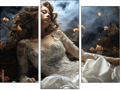 Elegant creative wedding dress on gorgeous model, style appeal luxe , excellent look, white dress, beautiful interior design, glamorous looking . - Obraz trzyczęściowy, Tryptyk