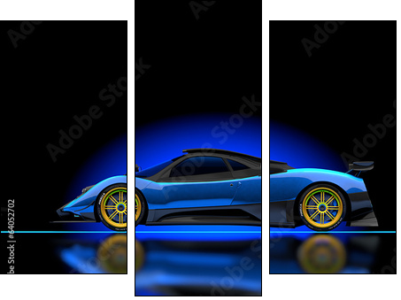 blauer supersport wagen im studio  - Obraz trzyczęściowy, Tryptyk
