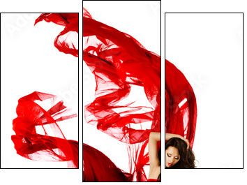 Woman dancing in red dress, fashion model waving dance  - Obraz trzyczęściowy, Tryptyk