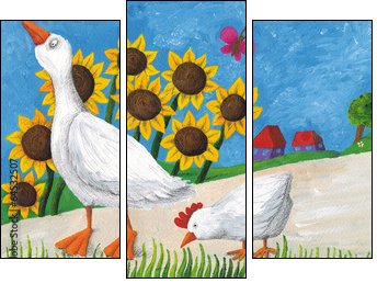 Goose with hen on village way  - Obraz trzyczęściowy, Tryptyk