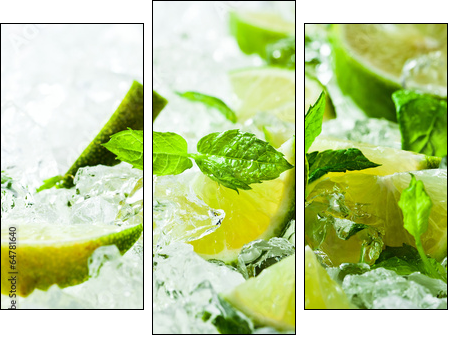 lime and leaves of mint with ice  - Obraz trzyczęściowy, Tryptyk