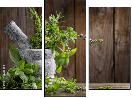 herbs in mortar  - Obraz trzyczęściowy, Tryptyk