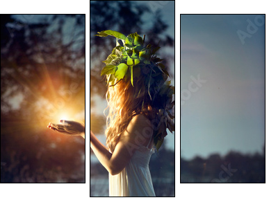 Fantasy girl taking magic light. Mysterious night scene  - Obraz trzyczęściowy, Tryptyk