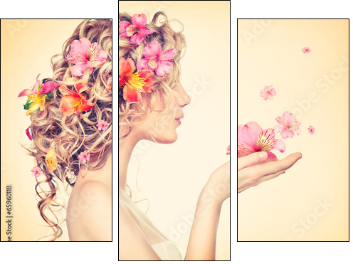 Beauty girl takes beautiful flowers in her hands  - Obraz trzyczęściowy, Tryptyk