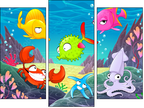 Funny happy animals under the sea.  - Obraz trzyczęściowy, Tryptyk