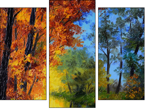 Oil Painting - autumn forest with a river  - Obraz trzyczęściowy, Tryptyk
