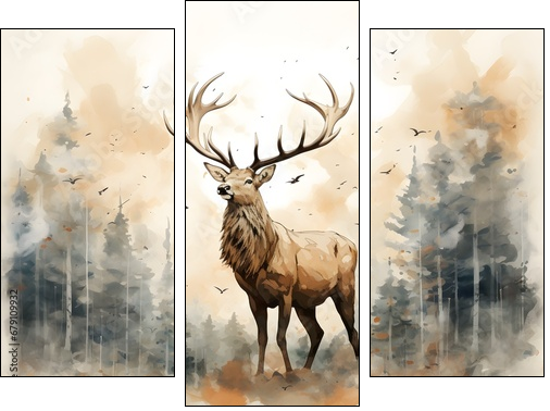 Masterful Brushstrokes: Juxtaposed Elk Painting in Minimalist Nature Study - Obraz trzyczęściowy, Tryptyk