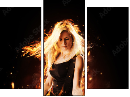 Burning girl with flaming guitar on black background  - Obraz trzyczęściowy, Tryptyk
