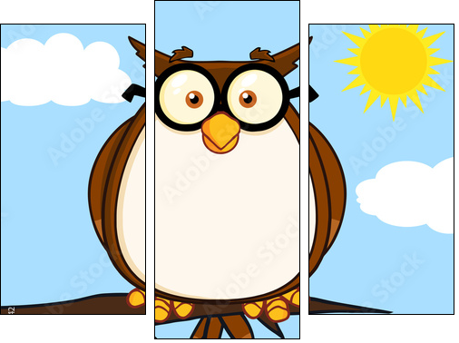 Wise Owl On Tree Cartoon Character  - Obraz trzyczęściowy, Tryptyk