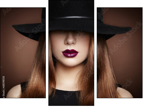 Fashion photo of young magnificent woman in hat. Girl posing  - Obraz trzyczęściowy, Tryptyk