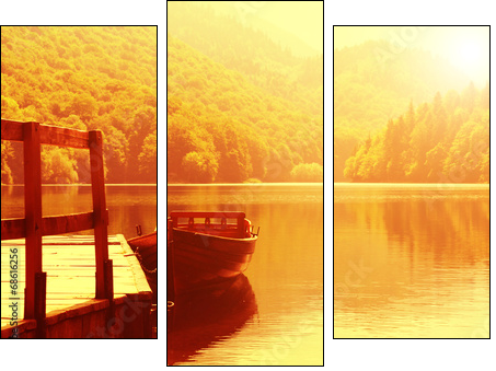 Wooden boat at pier on mountain lake  - Obraz trzyczęściowy, Tryptyk