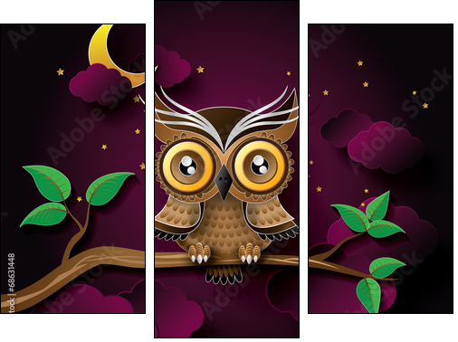 vector of owl and moon.  - Obraz trzyczęściowy, Tryptyk