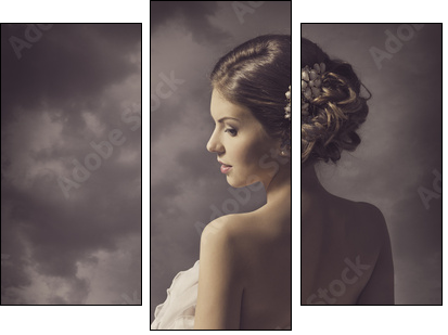 Woman sensual retro portrait, elegant  girl naked back  - Obraz trzyczęściowy, Tryptyk