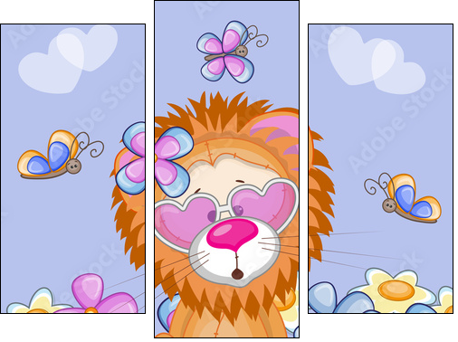 Lion with flowers  - Obraz trzyczęściowy, Tryptyk