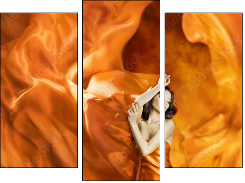 Woman dancing silk dress fire flame artistic orange portrait  - Obraz trzyczęściowy, Tryptyk