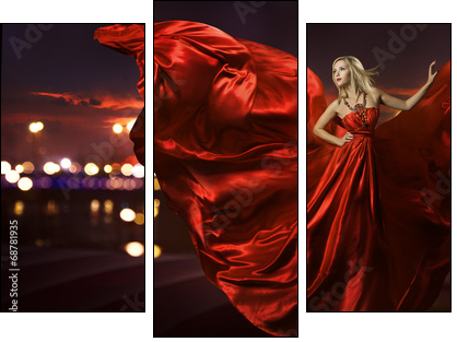 woman dancing in silk dress, artistic red blowing gown waving  - Obraz trzyczęściowy, Tryptyk