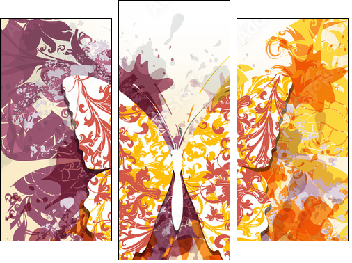 Grunge art background with butterfly made from swirls and ink sp  - Obraz trzyczęściowy, Tryptyk