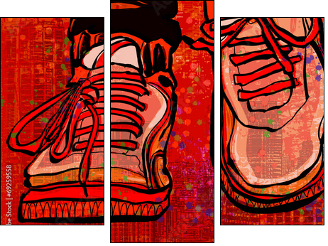 Basketball shoes over a grunge city background  - Obraz trzyczęściowy, Tryptyk