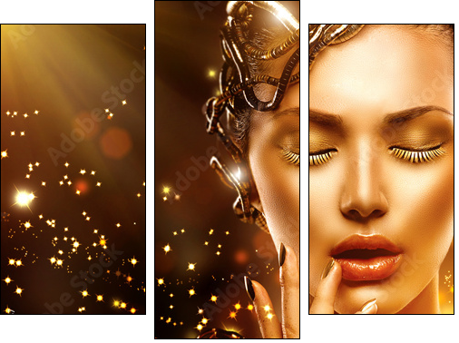 Model girl face with gold skin, nails, make-up and accessories  - Obraz trzyczęściowy, Tryptyk