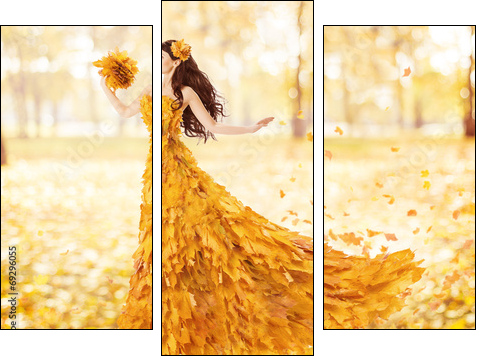 Autumn woman in fashion dress of fall maple leaves, artistic  - Obraz trzyczęściowy, Tryptyk