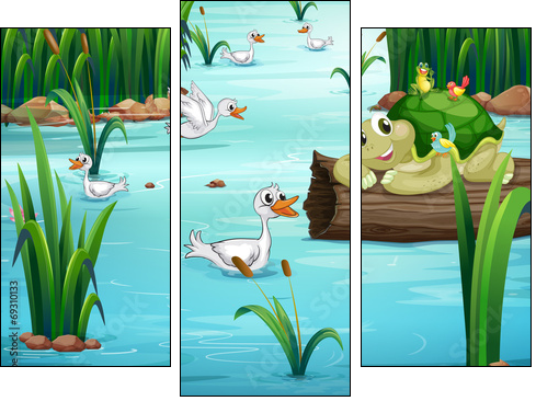 Animals and pond  - Obraz trzyczęściowy, Tryptyk