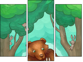 bear is racing on bicycle in the forest  - Obraz trzyczęściowy, Tryptyk