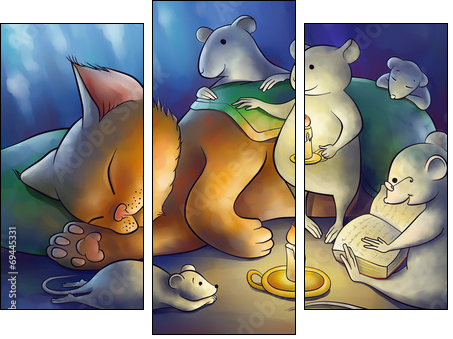 mice read book to a kitten at the night  - Obraz trzyczęściowy, Tryptyk