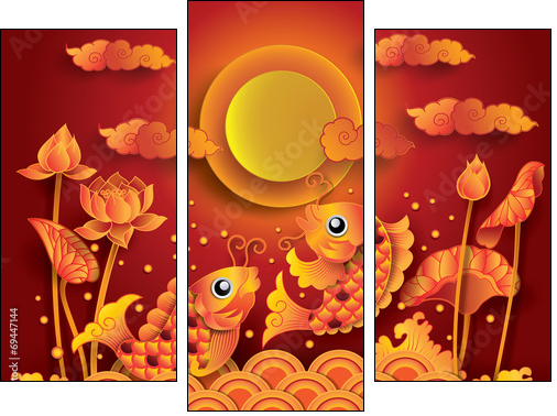 Golden koi fish with fullmoon  - Obraz trzyczęściowy, Tryptyk